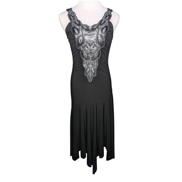 Y2K Black Silver Sequin Bodice Whimsigoth Art Deco Fairy Tiered Hem Midi Dress M - Picture 1 of 10